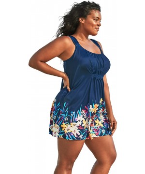 Women's Plus Size Smocked Swimdress Set Swimsuit - Black Tropical Floral (1006) - CS195S9AG6Q $39.37-One-Pieces