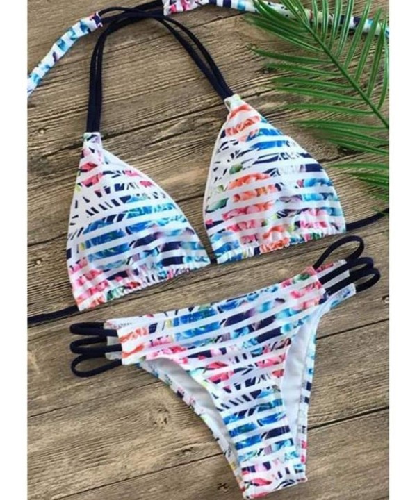 Women's Print Bikini Set Striped Backless Tie Side Bottom Triangle Two Piece Beach Bathing Suit-Stripe Color-L - Stripe color...