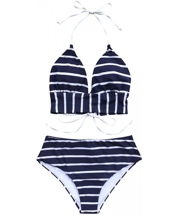 Women's Stripe Halter Back Lace Up High Waisted Bikini - Navy - CB18ZKUN6ZZ $27.00-Sets