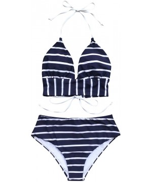 Women's Stripe Halter Back Lace Up High Waisted Bikini - Navy - CB18ZKUN6ZZ $27.00-Sets