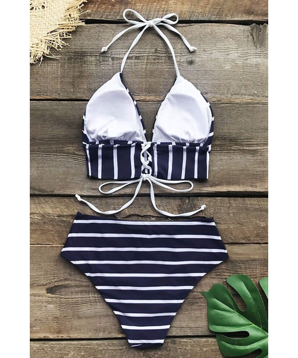 Women's Stripe Halter Back Lace Up High Waisted Bikini - Navy - CB18ZKUN6ZZ $27.00-Sets