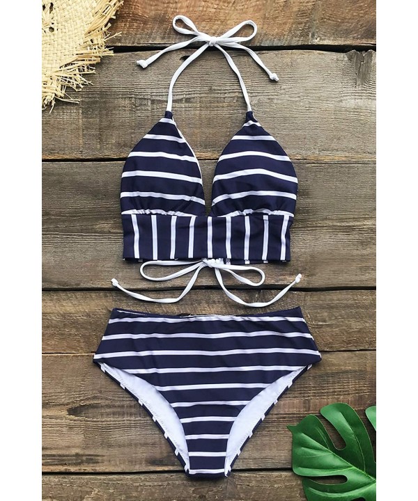 Women's Stripe Halter Back Lace Up High Waisted Bikini - Navy - CB18ZKUN6ZZ $27.00-Sets