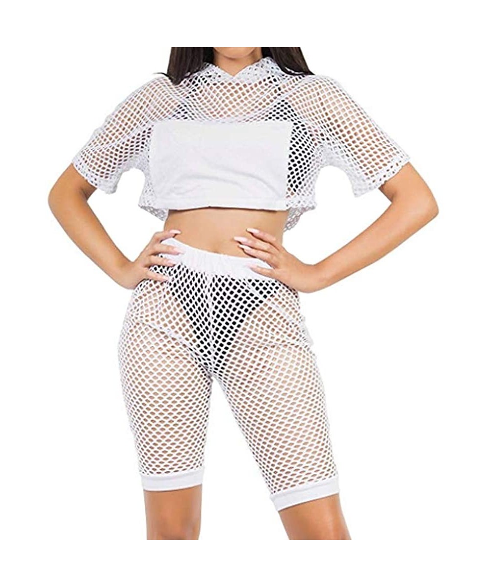 Women Sexy Two Piece Fishnet Swimwear Cover Ups Mesh Crop Top High Waist Shorts Set - White-hooded - CC1970CXZYY $15.64-Sets