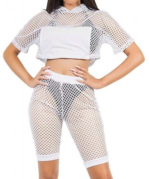 Women Sexy Two Piece Fishnet Swimwear Cover Ups Mesh Crop Top High Waist Shorts Set - White-hooded - CC1970CXZYY $15.64-Sets