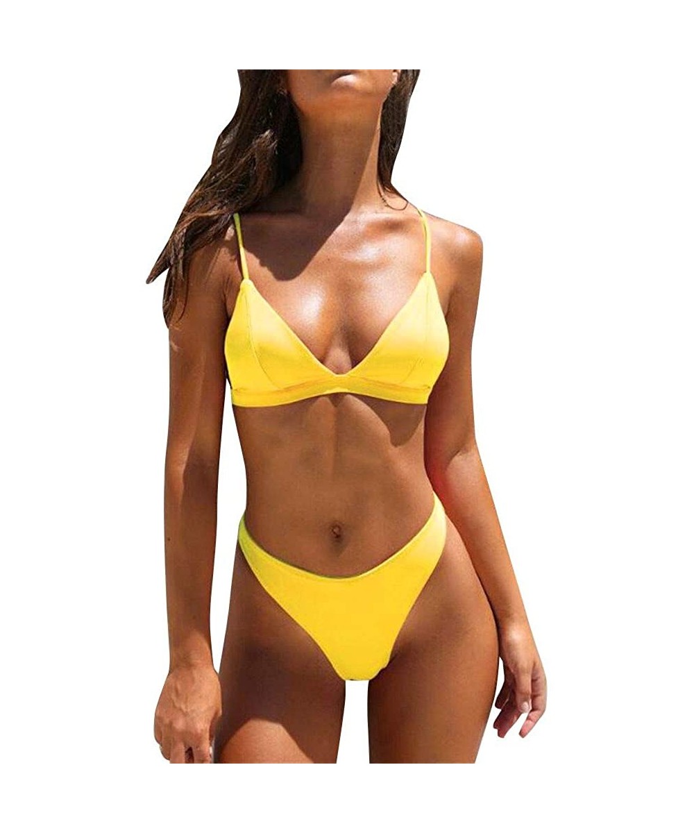 Swimwear for Womens- Summer Beach Push-Up Padded Bra Button Set Beachwear Tankini Bikini - Yellow - CE18OUCE3UA $9.88-Racing