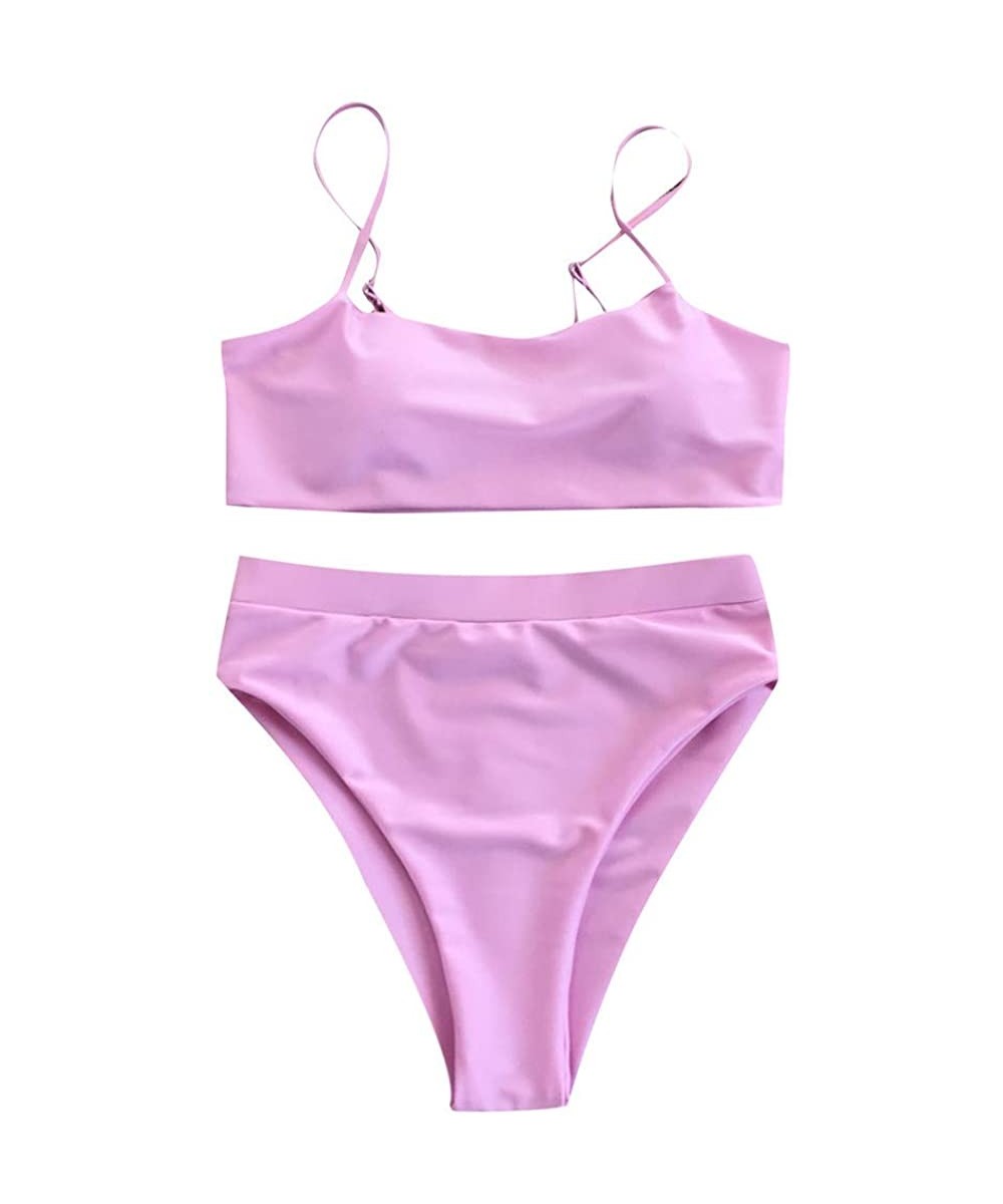 Women Solid Color Bandage Split Bikini Push-Up Swimwear Beachwear - Pink - CO1947XQQQN $11.87-Sets