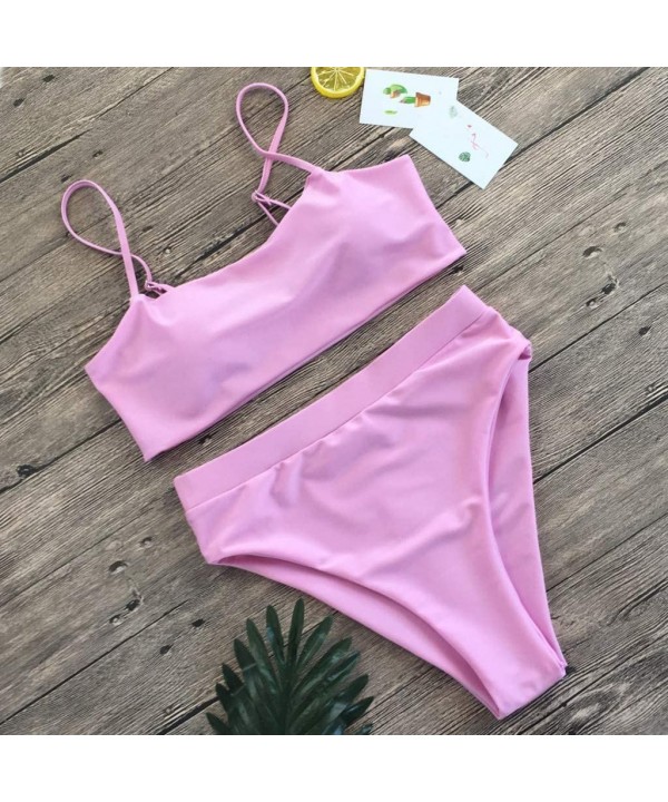 Women Solid Color Bandage Split Bikini Push-Up Swimwear Beachwear - Pink - CO1947XQQQN $11.87-Sets