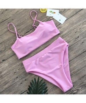 Women Solid Color Bandage Split Bikini Push-Up Swimwear Beachwear - Pink - CO1947XQQQN $11.87-Sets