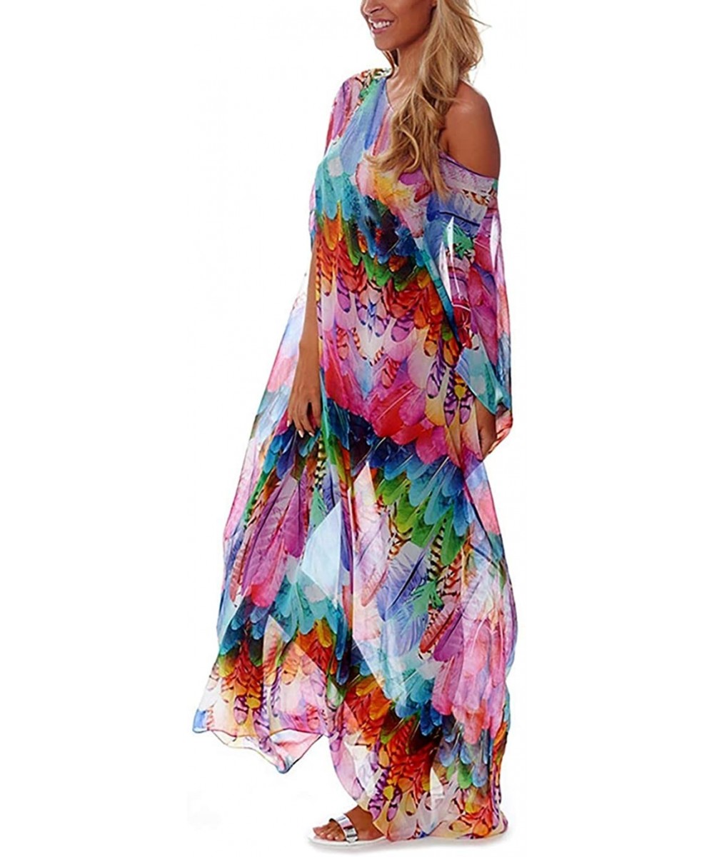 Women Chiffon Plus Size Bathing Suit Cover Up Beach Long Caftan Dress - Feather Print - CC18XWK9LDL $27.92-Cover-Ups