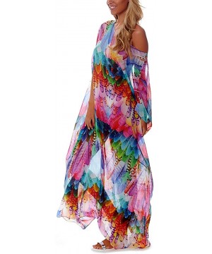 Women Chiffon Plus Size Bathing Suit Cover Up Beach Long Caftan Dress - Feather Print - CC18XWK9LDL $27.92-Cover-Ups