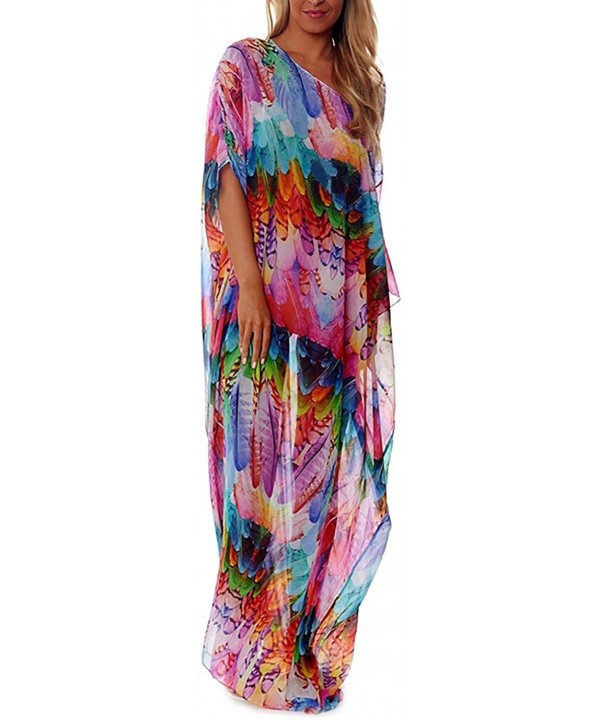 Women Chiffon Plus Size Bathing Suit Cover Up Beach Long Caftan Dress - Feather Print - CC18XWK9LDL $27.92-Cover-Ups