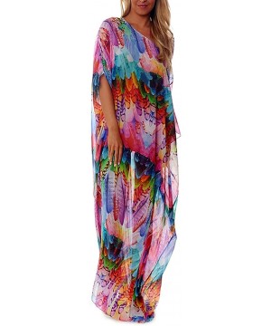 Women Chiffon Plus Size Bathing Suit Cover Up Beach Long Caftan Dress - Feather Print - CC18XWK9LDL $27.92-Cover-Ups