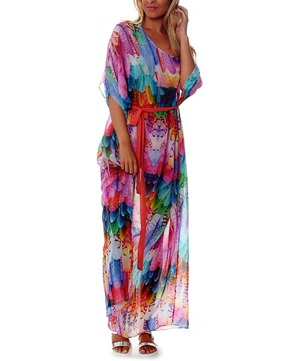 Women Chiffon Plus Size Bathing Suit Cover Up Beach Long Caftan Dress - Feather Print - CC18XWK9LDL $27.92-Cover-Ups