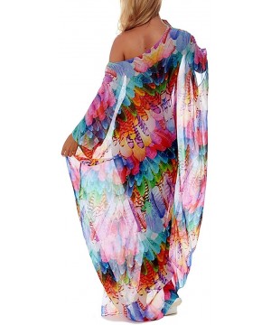 Women Chiffon Plus Size Bathing Suit Cover Up Beach Long Caftan Dress - Feather Print - CC18XWK9LDL $27.92-Cover-Ups