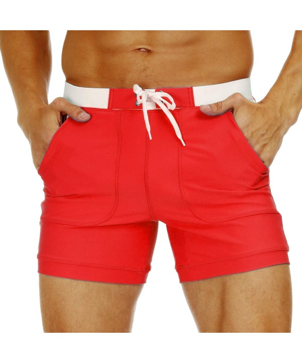 Mens Beach Swimming Trunks Board Shorts Boxer Briefs Swim Underwear with Pocket - Red - CA195NCKDOC $19.47-Briefs