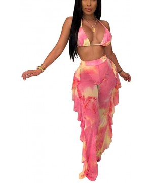 Women's Bikini Ruffle Beach Jumpsuits - Sexy See Through Mesh Tie Dye Two Piece Outfits - Pink - CH18XD328C9 $21.28-Sets