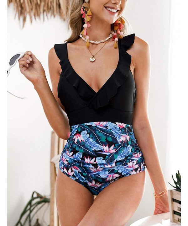 Women's Ruffle One Piece Monokini Swimsuit V Neck Back Cross Ruched Bathing Suits - Black - CU194HU8XMX $20.19-One-Pieces