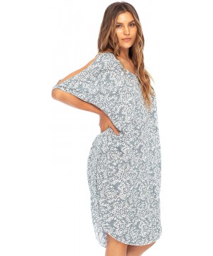 Womens Cold Shoulder Dress Beach Cover Up Casual Short Sleeve Floral Tunic Sundress - Grey - C8193UXCH0W $39.84-Cover-Ups