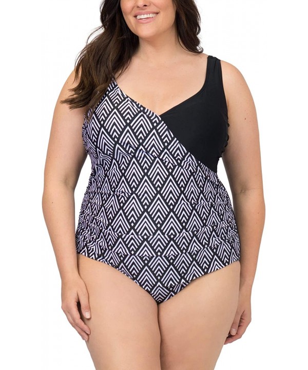 Women's Plus Size Slimming Surplice One Piece Swimsuit- Black - Black - CL190ETWR0Q $28.47-One-Pieces