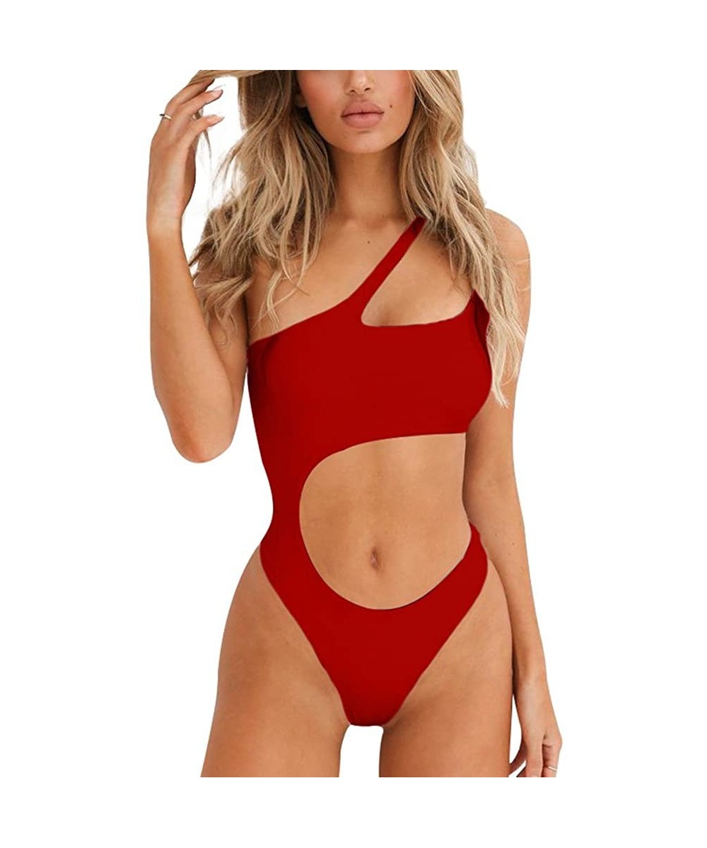 Women's One Shoulder Hollow Out Bikini Fitness One Piece Sexy Swimsuit High Cut Bathing Suit - Red - C218EYSKUAH $16.27-One-P...