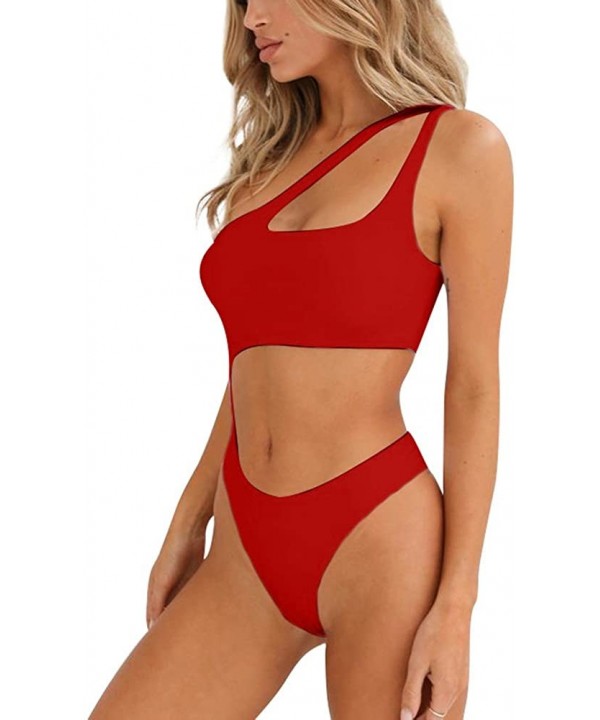 Women's One Shoulder Hollow Out Bikini Fitness One Piece Sexy Swimsuit High Cut Bathing Suit - Red - C218EYSKUAH $16.27-One-P...