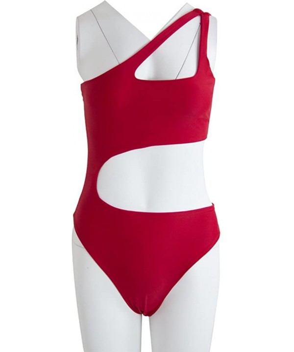 Women's One Shoulder Hollow Out Bikini Fitness One Piece Sexy Swimsuit High Cut Bathing Suit - Red - C218EYSKUAH $16.27-One-P...