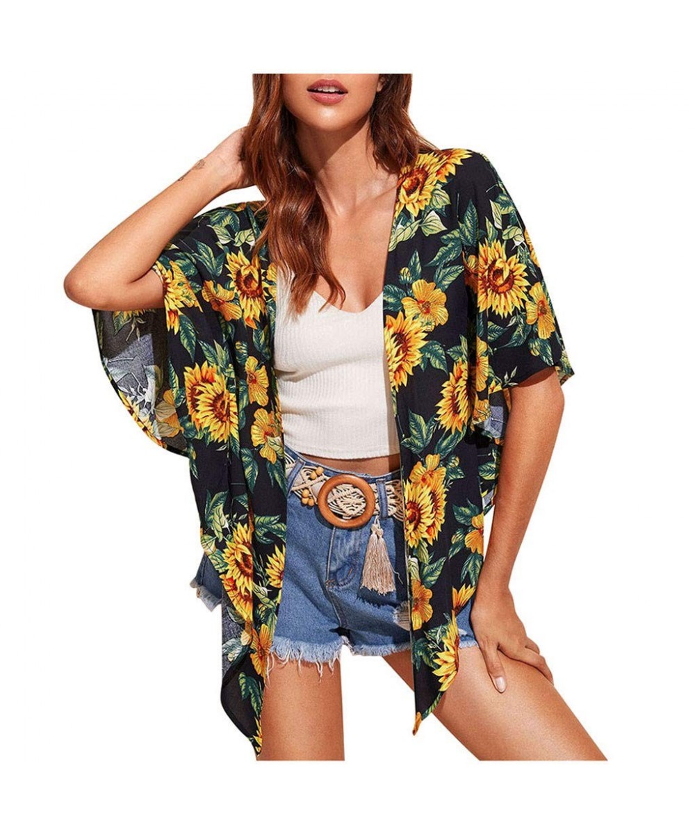 Cover Up Tops and Shirts- Women Cover Floral Print Blouse Tops Suit Bikini Swimwear Beach Swimsuit Smock Black M - C3199LQ8NZ...