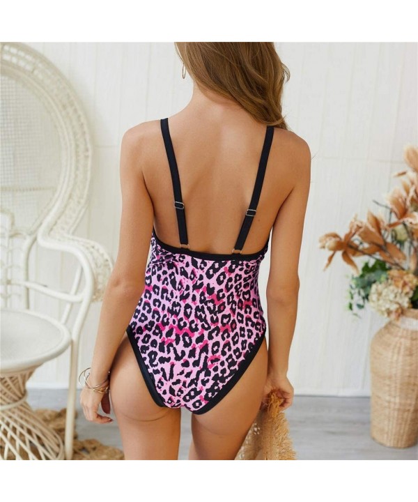 Women One Piece Swimsuit V Neck Strap Low Back Bathing Suit Leopard Print Swimwear - Purple - CA18ST536X9 $18.38-One-Pieces