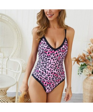 Women One Piece Swimsuit V Neck Strap Low Back Bathing Suit Leopard Print Swimwear - Purple - CA18ST536X9 $18.38-One-Pieces