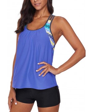 Women Leopard Print Strappy Racerback Padded Tankini Top with Boy Shorts - A-blue - CK18AMUR2SA $30.36-Tankinis