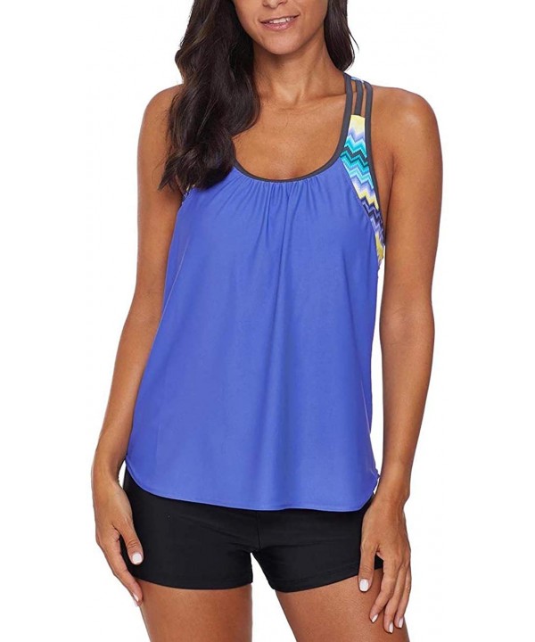 Women Leopard Print Strappy Racerback Padded Tankini Top with Boy Shorts - A-blue - CK18AMUR2SA $30.36-Tankinis