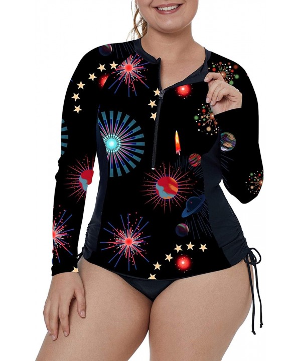 Women's Plus Size Zip-Front Multicolor Striped Long Sleeve Tankini Rashguard Top S-XXXL - Fireworks - C3199SHDCTZ $31.94-Rash...