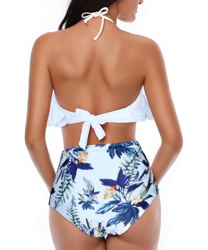 Women Retro Flounce High Waisted Bikini Halter Neck Two Piece Swimsuit - White Top - C318UNG2SSO $25.89-Sets