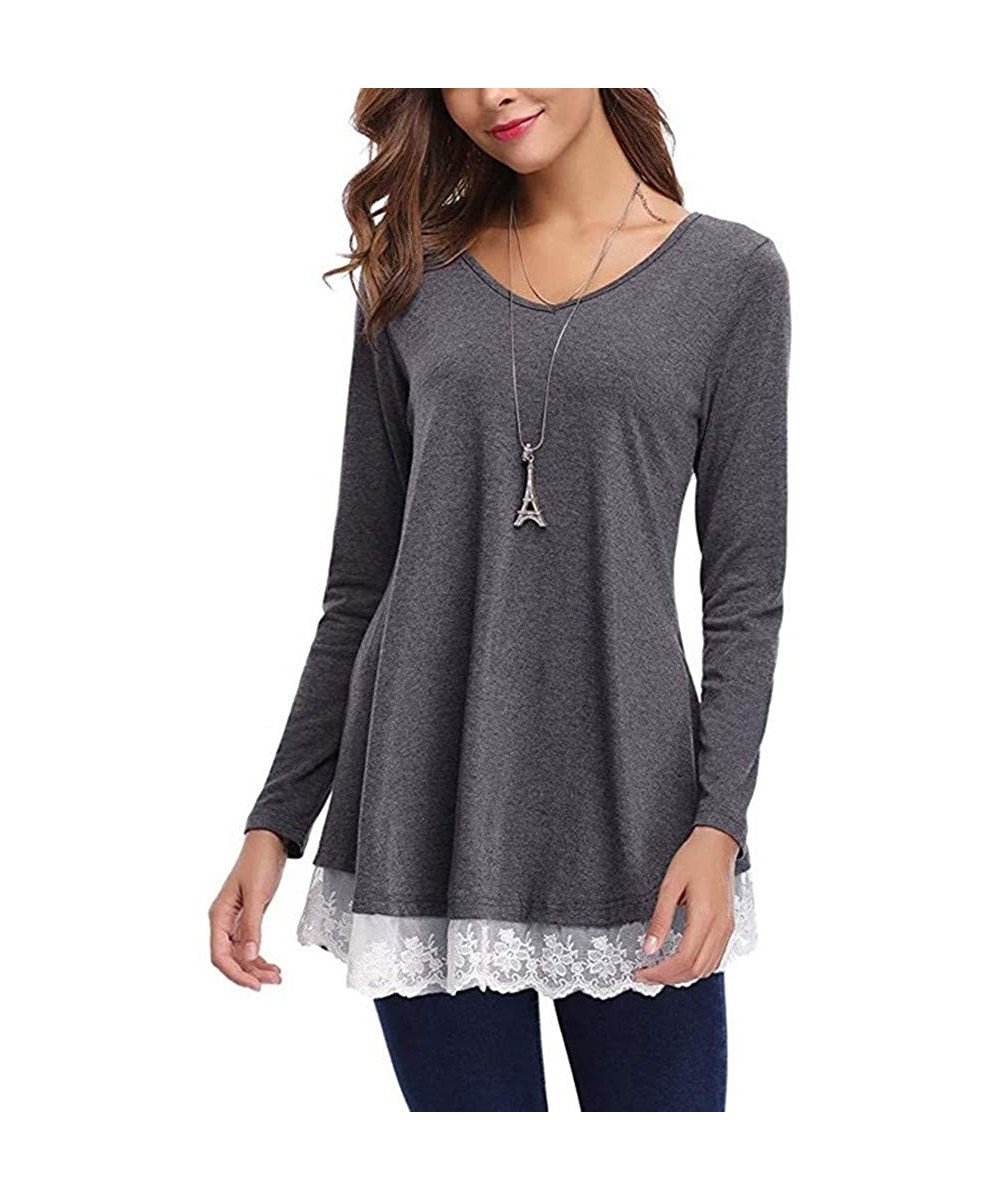 Blouses for Womens- Women Casual Long Sleeve Loose Lace Hem Tops Tunic Blouses - Gray - C918NRAZCXA $13.85-Racing