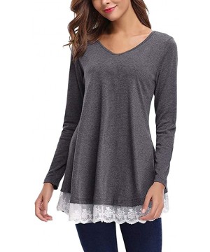 Blouses for Womens- Women Casual Long Sleeve Loose Lace Hem Tops Tunic Blouses - Gray - C918NRAZCXA $13.85-Racing