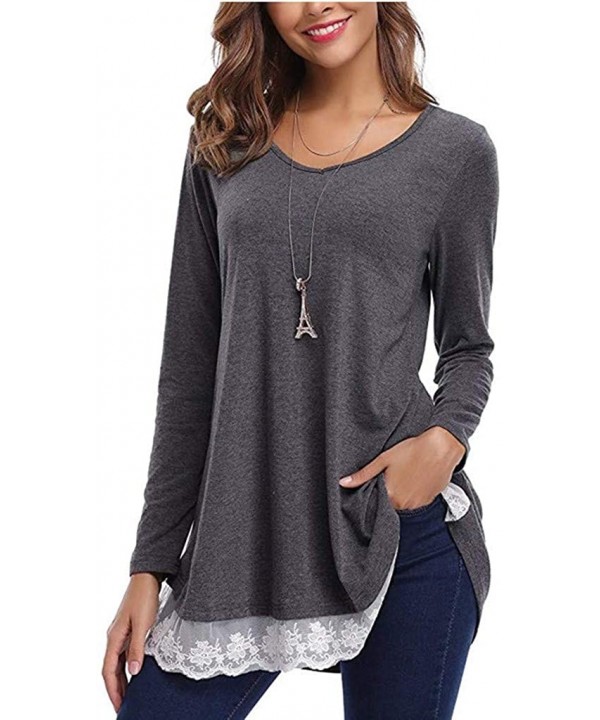 Blouses for Womens- Women Casual Long Sleeve Loose Lace Hem Tops Tunic Blouses - Gray - C918NRAZCXA $13.85-Racing