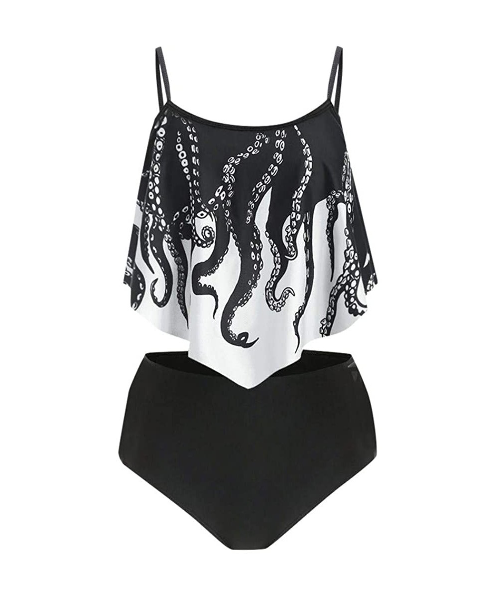 Swimsuits for Women- High Waisted Ruffle Bikini Plus Size Tankini Bathing Suits - F- Black Octopus - C2190DROLR0 $13.86-Racing