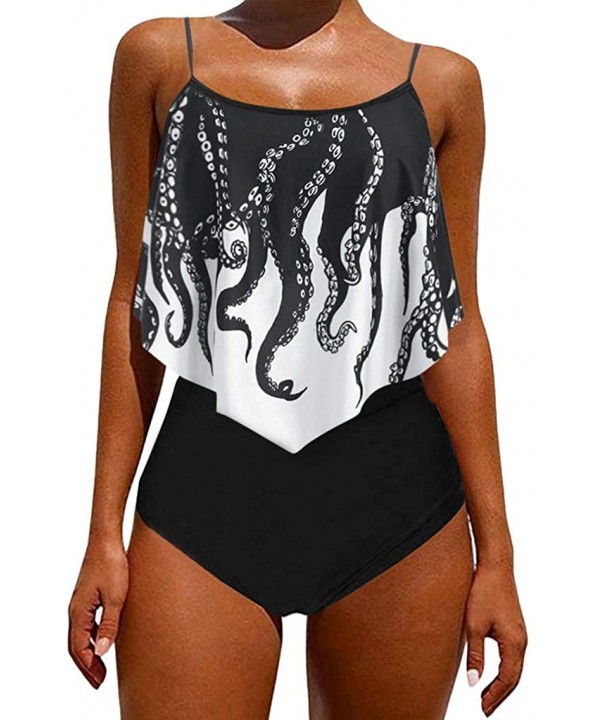 Swimsuits for Women- High Waisted Ruffle Bikini Plus Size Tankini Bathing Suits - F- Black Octopus - C2190DROLR0 $13.86-Racing