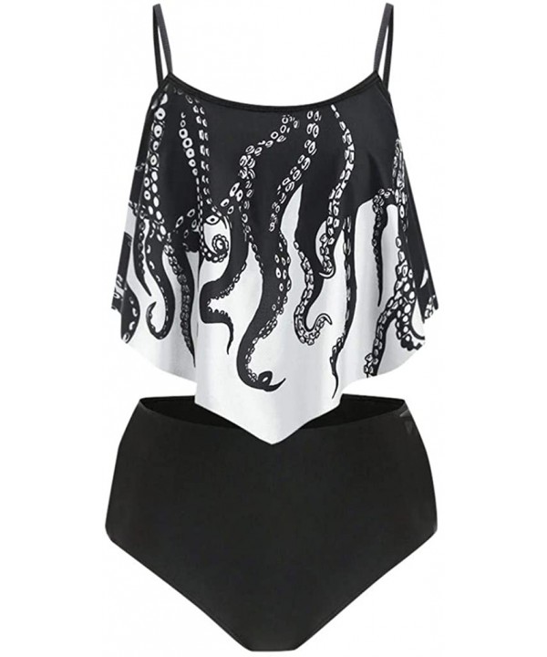 Swimsuits for Women- High Waisted Ruffle Bikini Plus Size Tankini Bathing Suits - F- Black Octopus - C2190DROLR0 $13.86-Racing