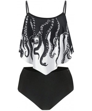 Swimsuits for Women- High Waisted Ruffle Bikini Plus Size Tankini Bathing Suits - F- Black Octopus - C2190DROLR0 $13.86-Racing