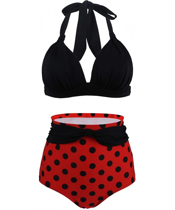 Women's Vintage Polka Dot High Waisted Bathing Suits Bikini Set - Black Dots - C318TQKNO4O $20.97-Sets