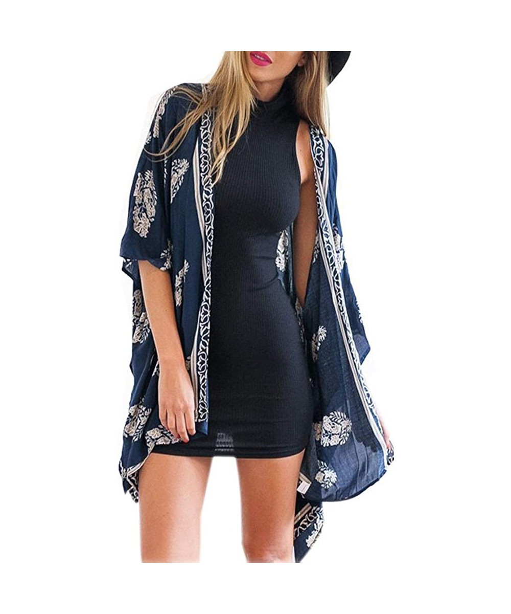 Womens Floral Long Kimono Cardigan Lotus Chiffon Coat Tops Cover Up Beach Smock - Blue 06 - CU19682TSA5 $14.72-Cover-Ups