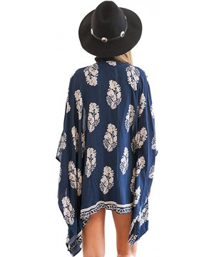 Womens Floral Long Kimono Cardigan Lotus Chiffon Coat Tops Cover Up Beach Smock - Blue 06 - CU19682TSA5 $14.72-Cover-Ups