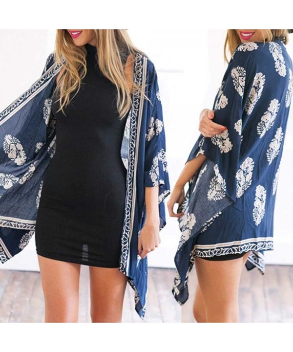 Womens Floral Long Kimono Cardigan Lotus Chiffon Coat Tops Cover Up Beach Smock - Blue 06 - CU19682TSA5 $14.72-Cover-Ups