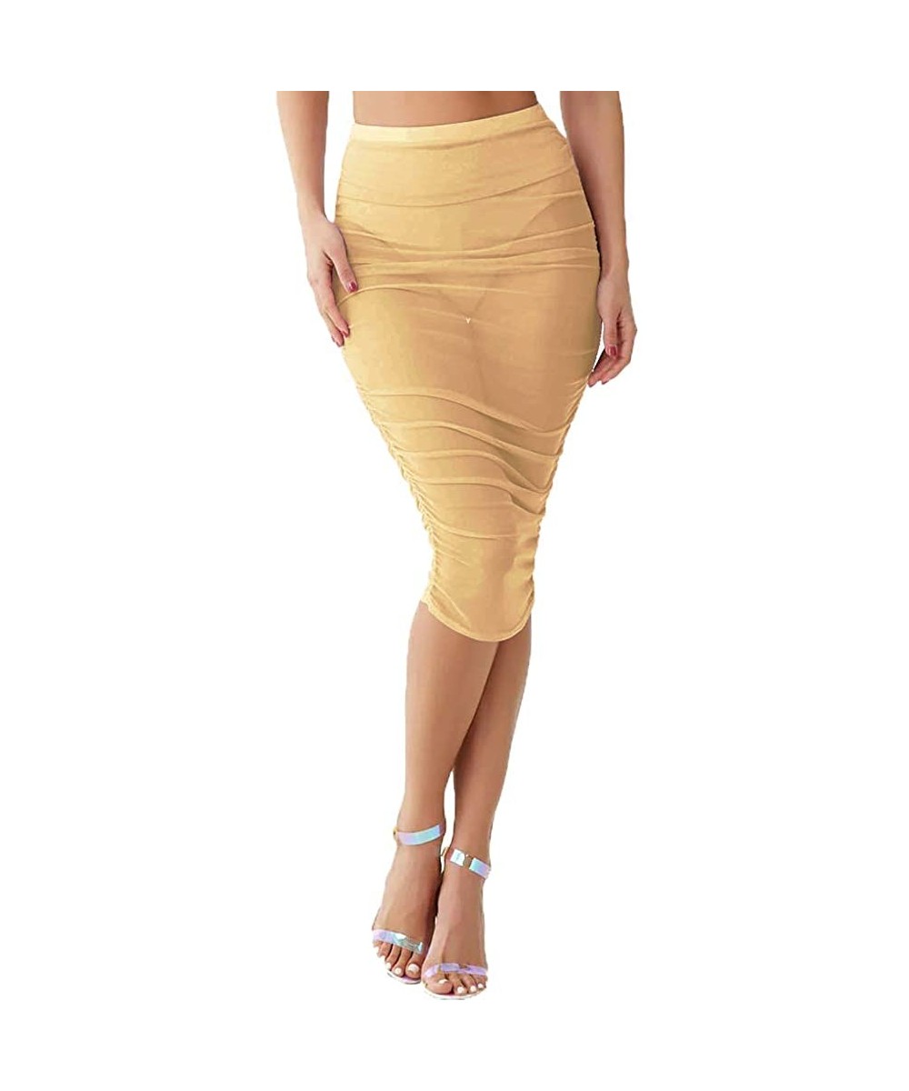 Women Sexy See-Through Maxi Swimsuit Skirt Sheer Chiffon Skinny Sarong Bikini Cover up - A08-beige - CS18WTGCZ57 $13.71-Cover...