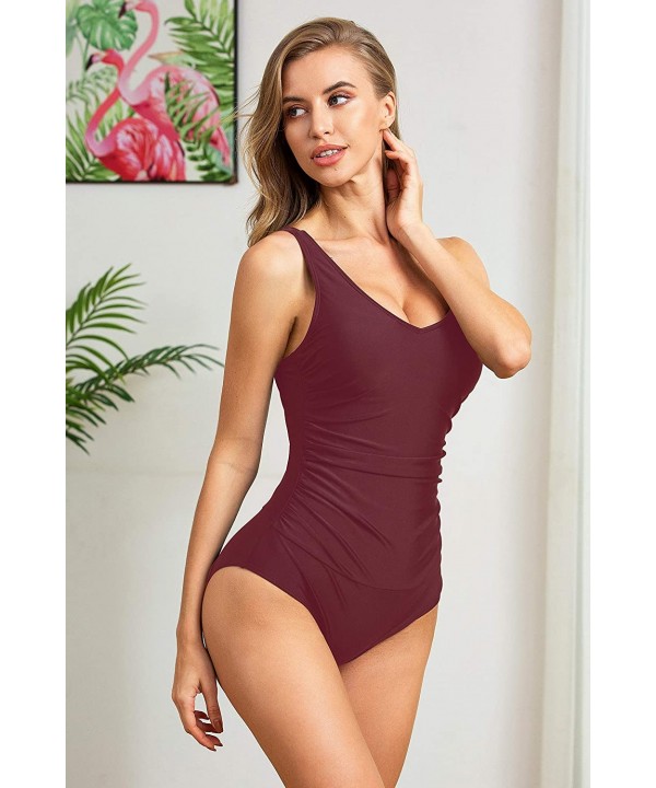 Women's One Piece Swimsuit Tummy Control Padded Athletic Training Swimwear V Neck Slimming Bathing Suit Plus Size - Wine Red ...