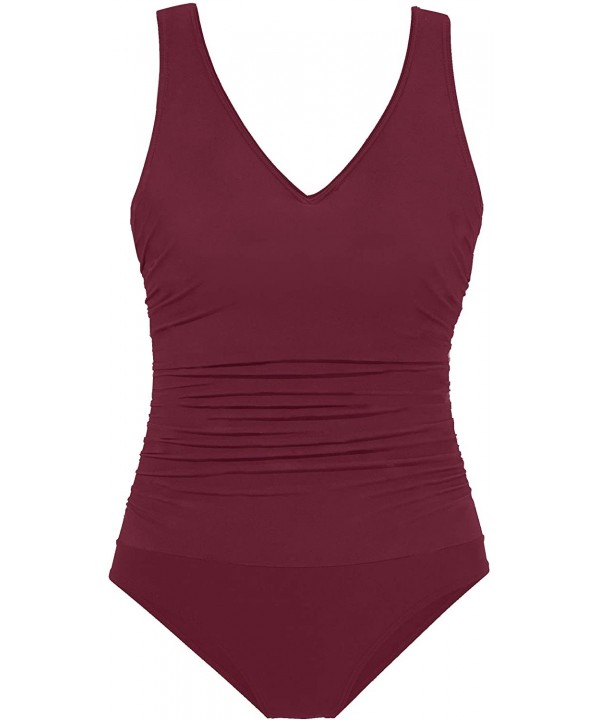 Women's One Piece Swimsuit Tummy Control Padded Athletic Training Swimwear V Neck Slimming Bathing Suit Plus Size - Wine Red ...