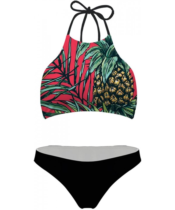 Women's Pineapple Tops Halter Swimsuit Brazilian Bikinis Black Bottoms - P1675 - CW18DN0L9DG $18.80-Sets