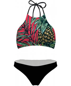 Women's Pineapple Tops Halter Swimsuit Brazilian Bikinis Black Bottoms - P1675 - CW18DN0L9DG $18.80-Sets