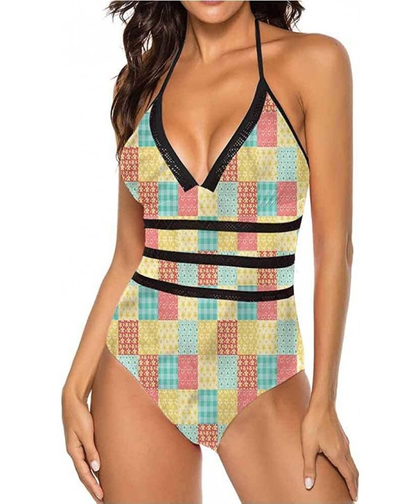 High Cut Bikini Set Swimsuit Diagonal Checks Pattern Adjustable to Fit Anyone - Multi 17 - C719C25NHI2 $35.54-Sets